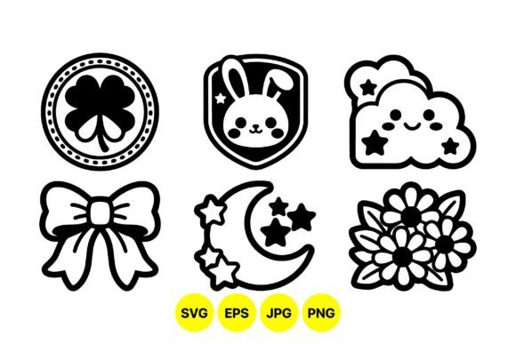 Cute Kawaii Line Art Icons Set