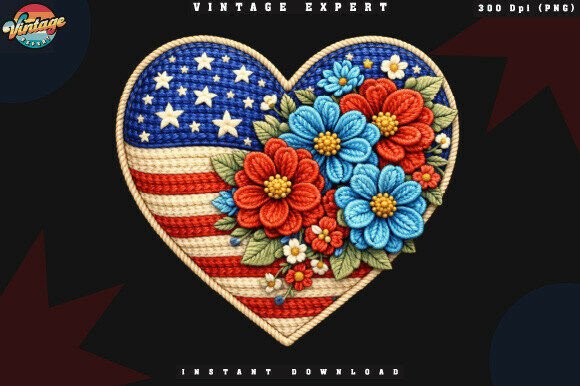 Floral USA Heart Crochet Yarn Faux PNG: Elevating Patriotic Designs with Handmade Charm